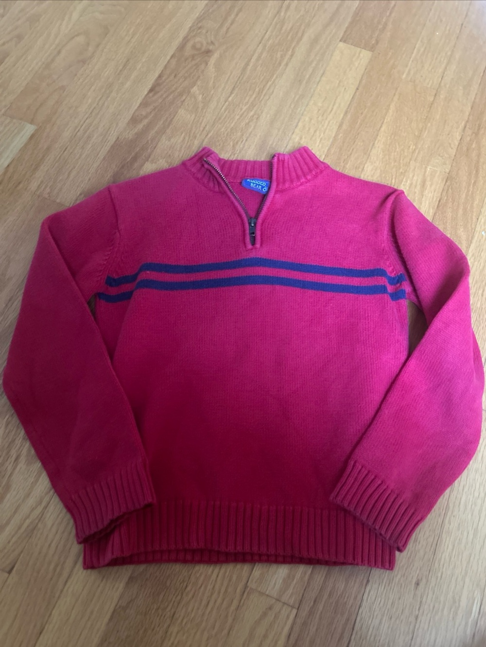 Vintage Rugged Bear Quarter-Zip Sweater with Navy Stripes